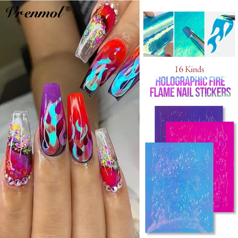 

Vrenmol 16Sheets Holographic Flame Nail Sticker Self Adhesive Flame Nail Decals Manicure Fire Flame Stickers Nail Art Decoration