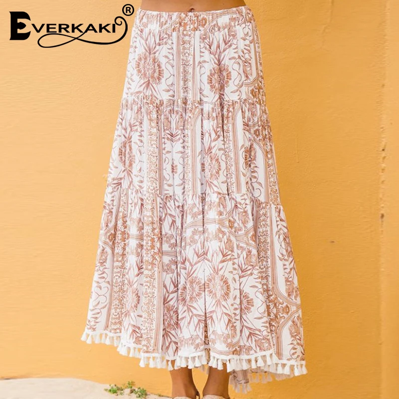 Everkaki Boho печать кистями длинная юбка Женская эластичная талия низ винтажные женские богемные юбки женские Лето Осень новинка