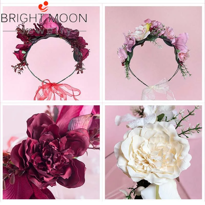 Bright moonFashion Photography Colour Flower Crown Wedding Flower Crown Women Elastic Headband Flower Boho Bride Crown