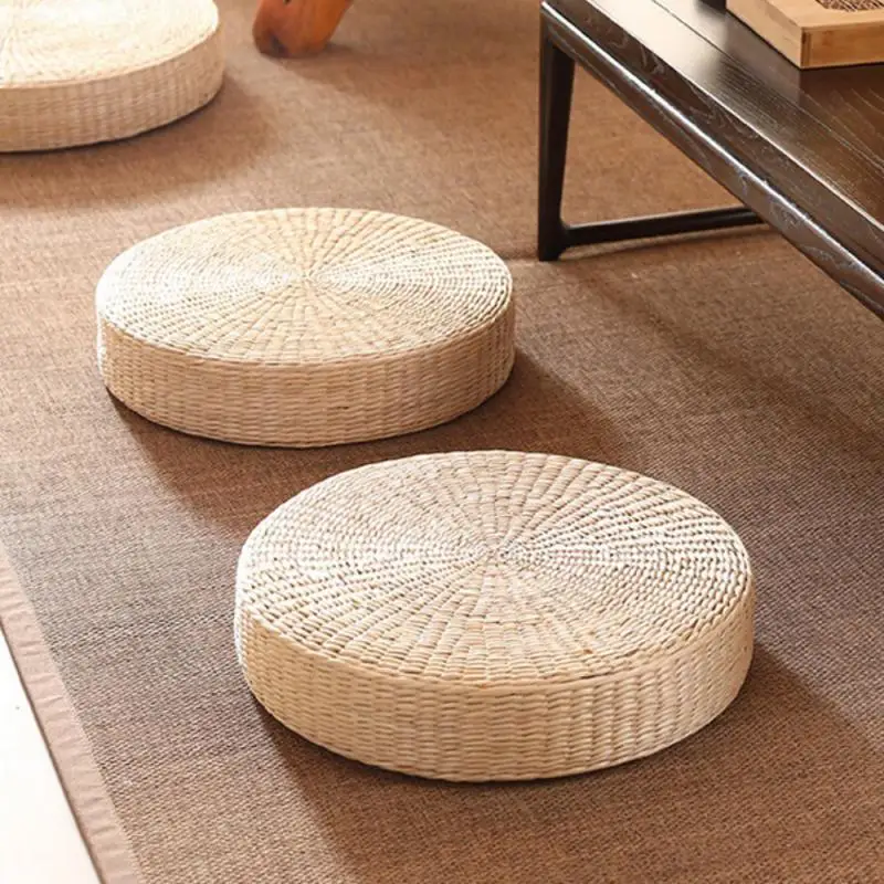 Floor Pillow Natural Eco-Friendly Round Straw Cushion Hand Woven Tatami Floor Mat Yoga Tea Ceremony Meditation Pad Home Decor