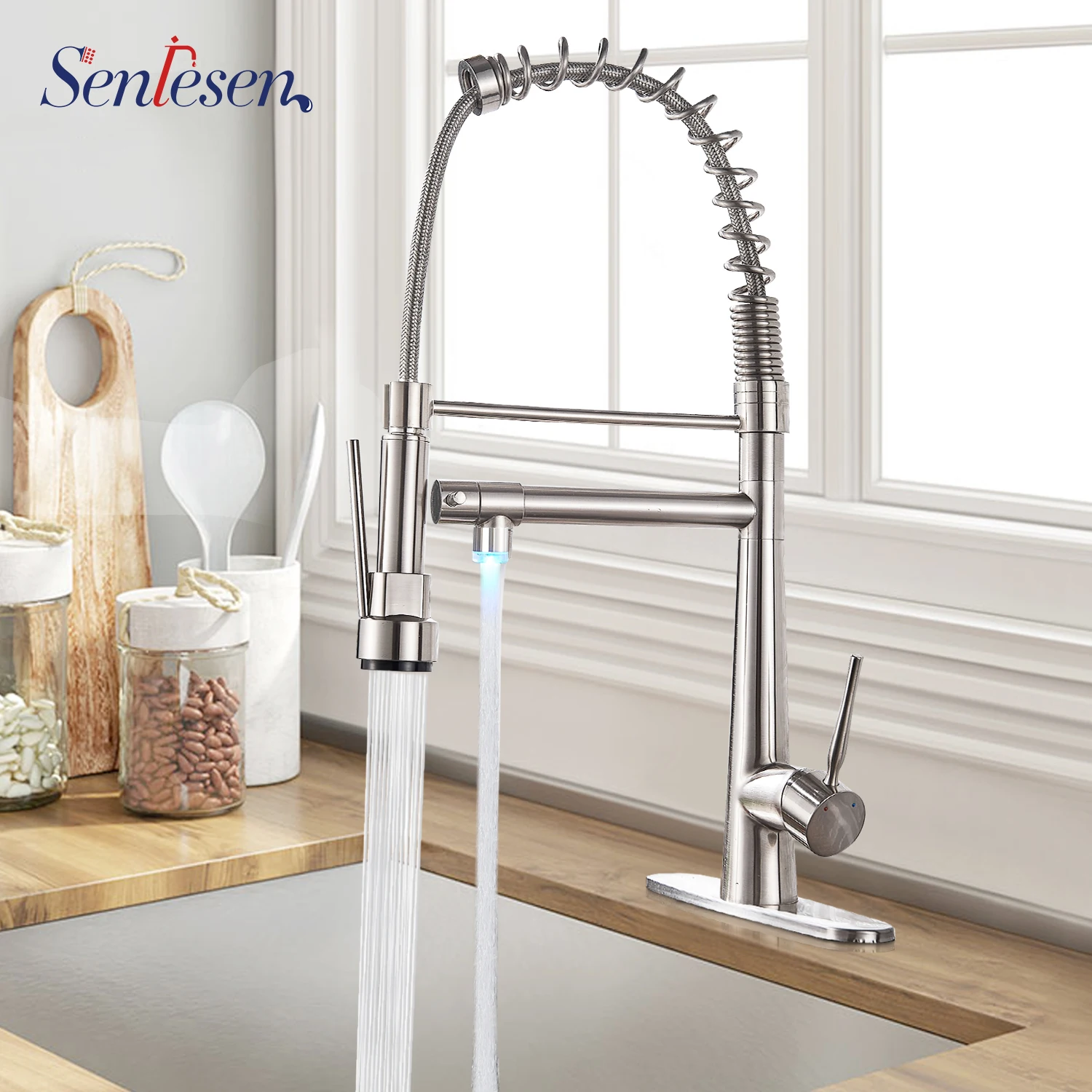 Senlesen Brushed Nickel Kitchen Faucet Swivel Spouts LED Sprayer Deck