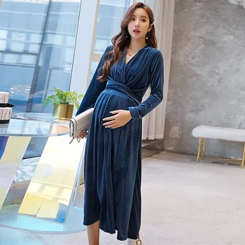 

Maternity dress Pregnant women's spring dress velvet long - sleeved Korean V - neck maternity dress