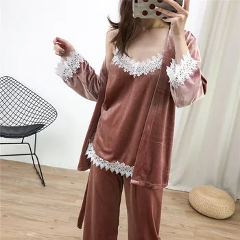 

New Casual Lounge Softy Sleep Set Velour Pajamas Suit Female Winter 3pcs Sleepwear Pijamas Long Sleeve Home Clothing Nightwear