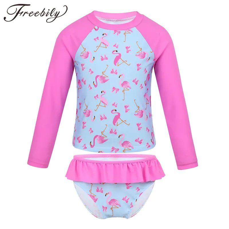 

Kids Girls Long Sleeves Flamingo Printed Rashguard Tankini Swimsuit Swimwear Set Swim Tops with Ruffled Bottoms Bathing Suit