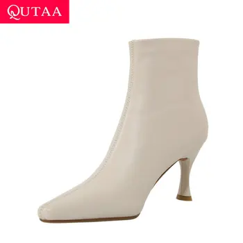 

QUTAA 2021 Thin High Heel Zipper Ankle Boots Autumn Winter Pointed Toe Short Boots PU Leather Fashion Women Shoes Big Size 34-39