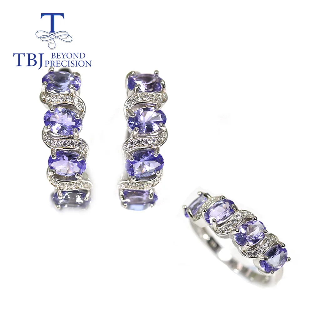 

TBJ Classic Natural Tanzanite Jewelry set real tanzanite gemstone oval 4*6mm clasp earring ring 925 sterling silver for women