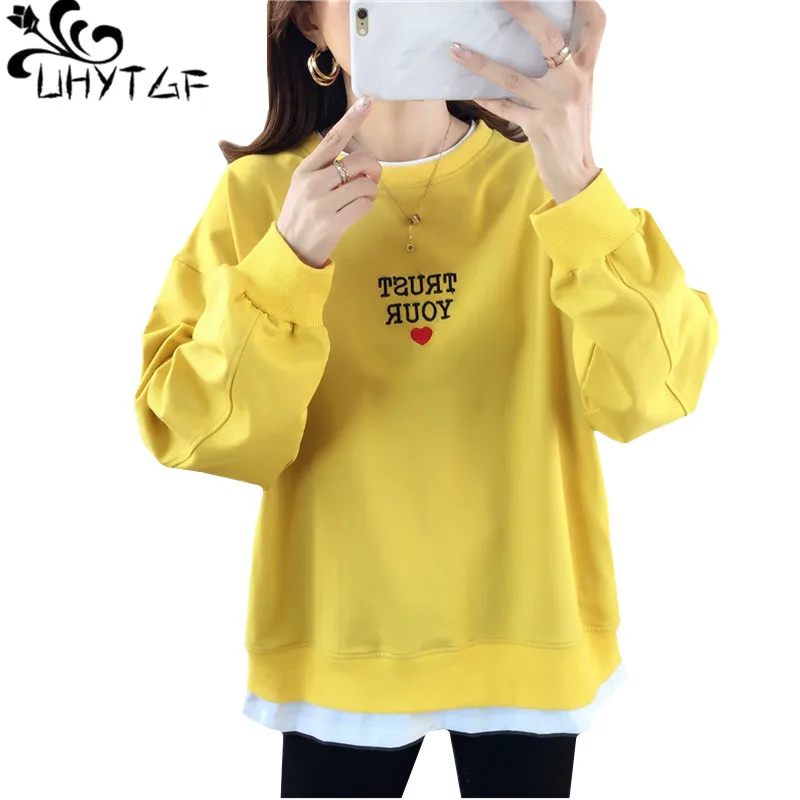 

UHYTGF Student spring autumn sweatshirt Fashion letter elegant girl thin tops hoodie women Korean loose big size sweatshirt 792