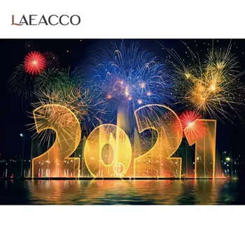 

Laeacco Fireworks 2021 Happy New Year Party Polka Dot Seaside Customized Photo Background Photocall Photo Backdrop