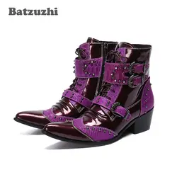 Batzuzhi/новые кожаные ботинки ручной работы мужские панк-рок кожа мужские ботинки вечерние мотоциклетные ботинки на шнуровке с пряжкой