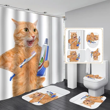 

Digital Printed Waterproof Polyester Cat Shower Curtain Set Of Four Waterproof Lovelycat Decorative Bathroom Shower Curtain