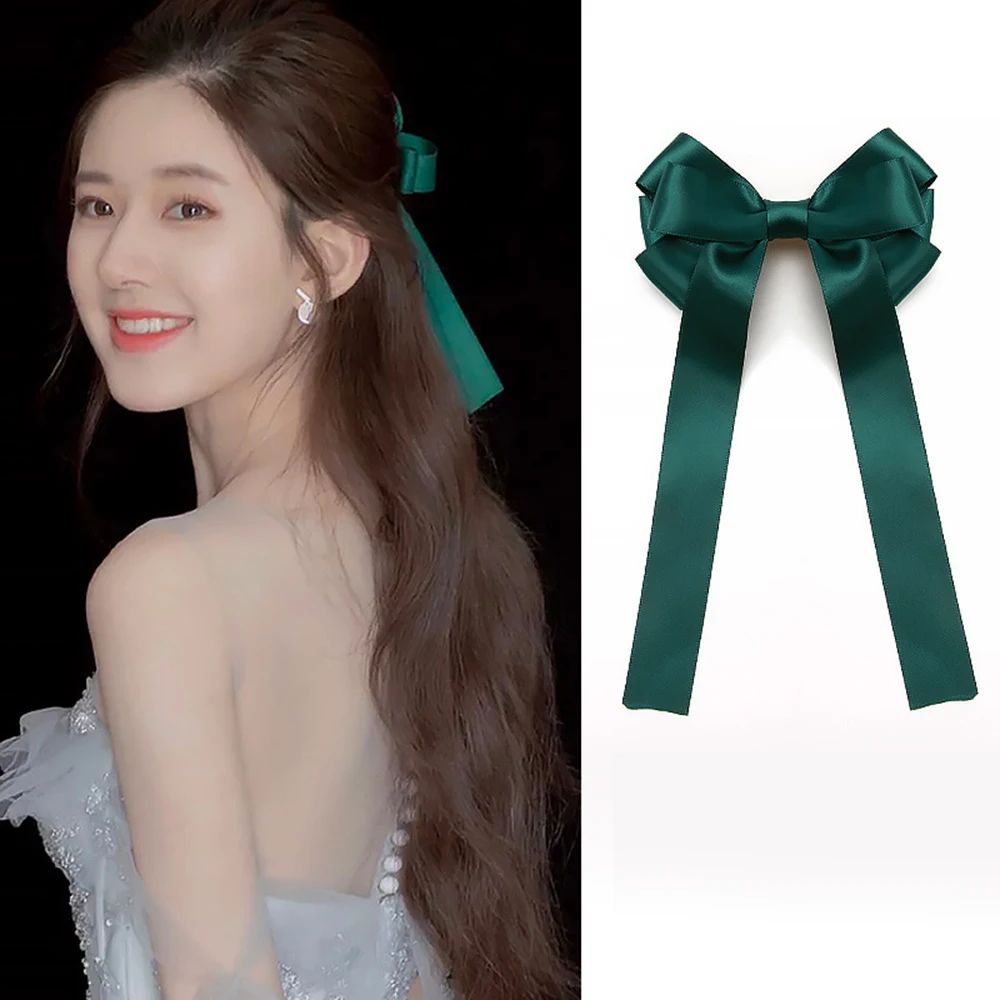 

Korea Fabric Satin Double Sided Ribbon Bow Sweet Hairpin Solid Color Long Spring Clip Top Clip