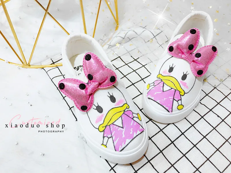 Disney children's cartoon Daisy bow non-slip soft bottom sneakers girls casual shoes baby shoes handmade painting