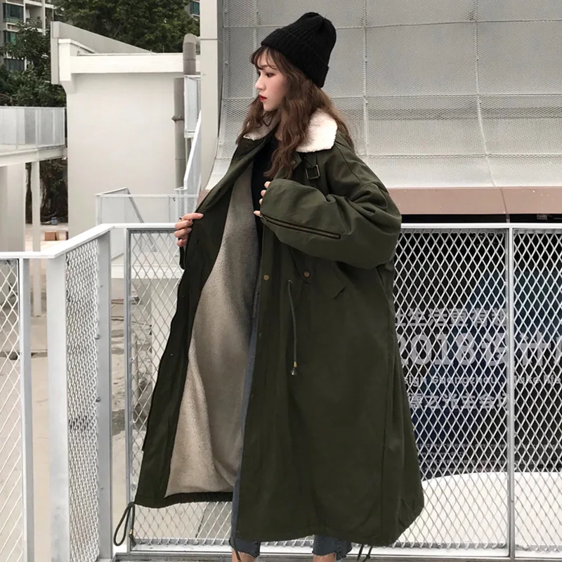 

Winter Thick Lamb's Wool Warm Cotton Coat Overcoat New Style WOMEN'S Dress Retro Loose-Fit over-the-Knee Long Cotton-padded Jack