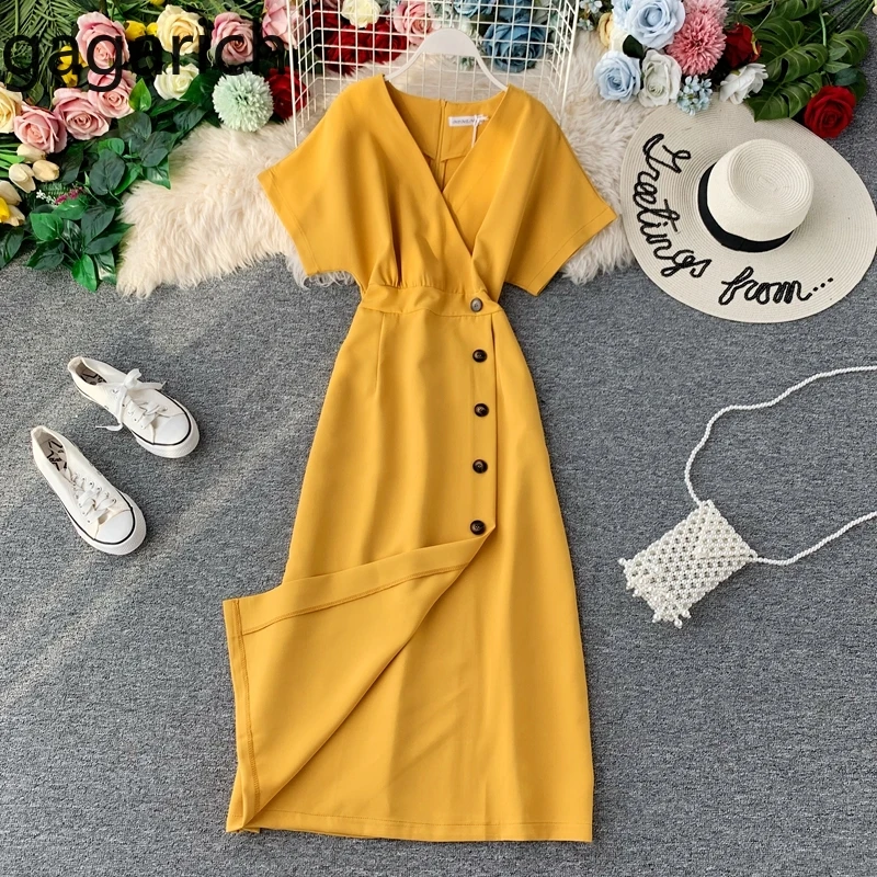 

Gagarich Vintage Women Long Dresses 2020 Summer V-neck Short Sleeve Button Slim Waist Split Vestidos Office Lady Elegant Dress