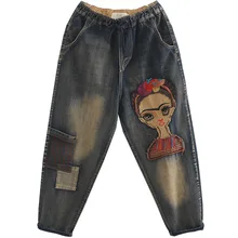 OMIKRON Женские Мешковатые из джинсовой ткани женские укороченные брюки больших размеров эластичные джинсы с высокой талией и вышивкой с героями мультфильмов хип-хоп джинсы-шаровары большого размера d джинсы бойфренды