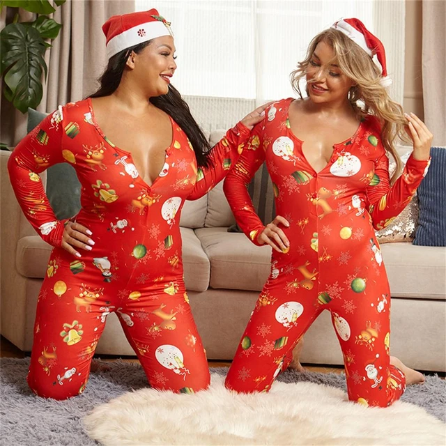 Sexy Printed Christmas Pajamas Women'sPiece Onesie V-Neck Jumpsuit