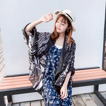 

Spring and Summer Black and White Tassels Printed Scarf Large Shawl Dual-Purpose Female Silk Scarf Travel Sun Beach Towel