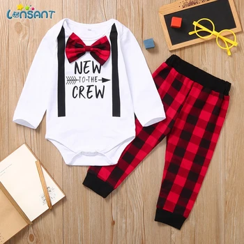 オンライン Lonsant 秋ファッション幼児服ベビースーツベビー服長袖弓ロンパース + チェック柄パンツベビーセット N30