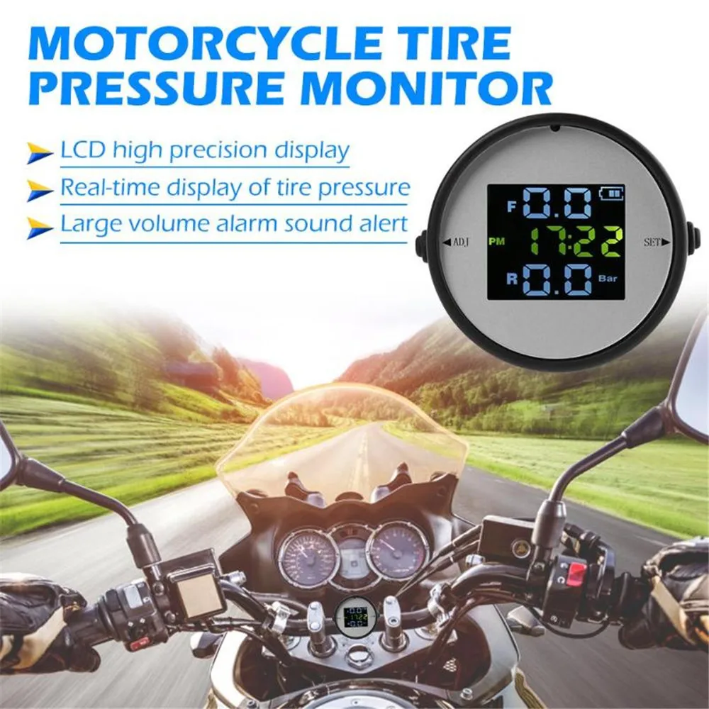 

TPMS Wireless LCD Motorcycle Tire Pressure Monitoring System External Sensor Realtime Monitor Time Display Car Alarm