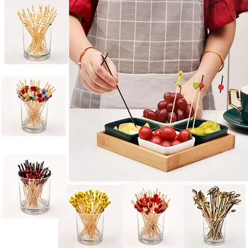 

100pcs Disposable Bamboo Pick Skewers Fruit Dessert Cake Sign Cocktail Picks Cute Food Sticks Buffet Cupcake Toppers Fork Party