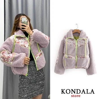 

KONDALA Za Women Coat Vintage Floral Print Flocking Coat Bat Sleeved Warm Thick Winter Coat Female Zipper Elegant Jacket Mujer