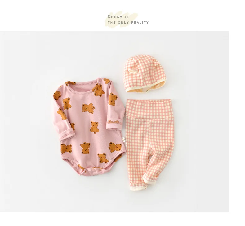 new baby clothing set	 MILANCEL 2022 Spring New Baby Clothing Set  Bear Bodysuits And Plaid Pants Bear Hat 3 Pcs Infant Girls Suits new baby clothing set	