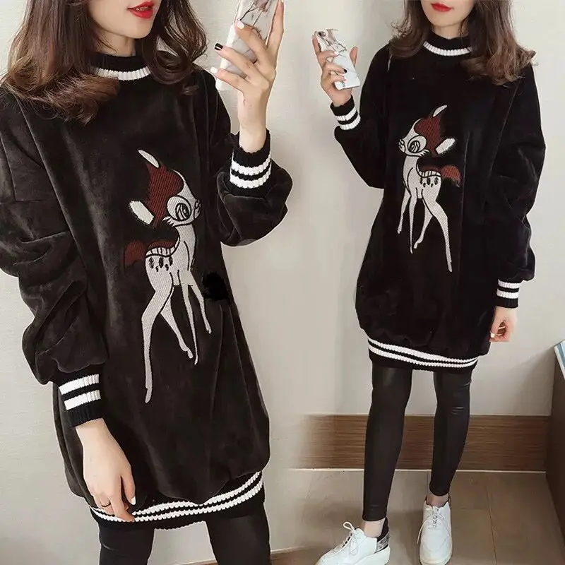 

Hoodie Women's Fall And Winter Clothes New Style Korean-style Loose And Plus-sized Middle Long Coat Brushed And Thick Gold Velve