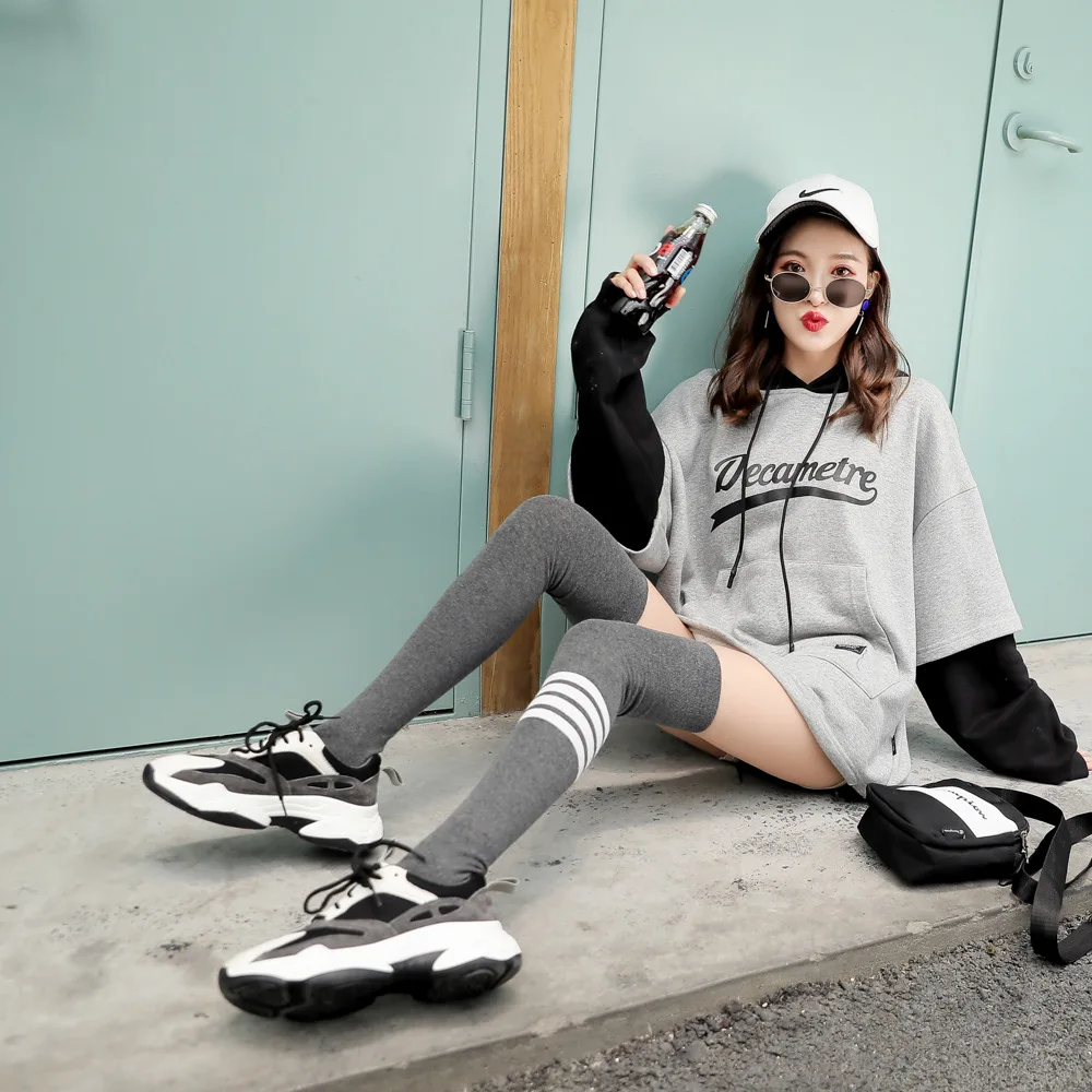 

Single 4 bar over knee socks autumn and winter new Japanese ins trend solid-colored stockings cotton women's thigh high socks