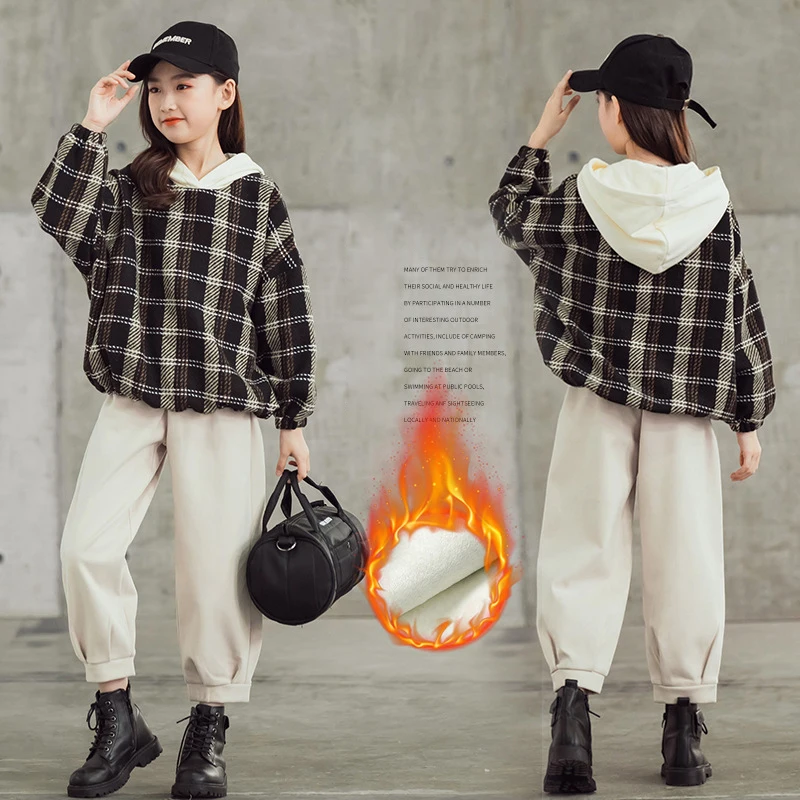 

2020 Winter Girls Clothes Set Fleece Plaid Tracksuit Kids Thicken Sweatshirts Pants 2 Pcs Suit For Teens Children's Costumes 8 Y