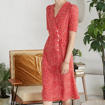 

Women Short Sleeve Orange Red Print Front Buttons Viscose Soft French Style Sweet Slim Wrap Midi Dress With Belt