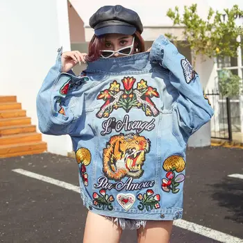 

Denim jackets spring and autumn new Korean loose Harajuku BF style denim jacket female tiger embroidery flowers jackets F1077