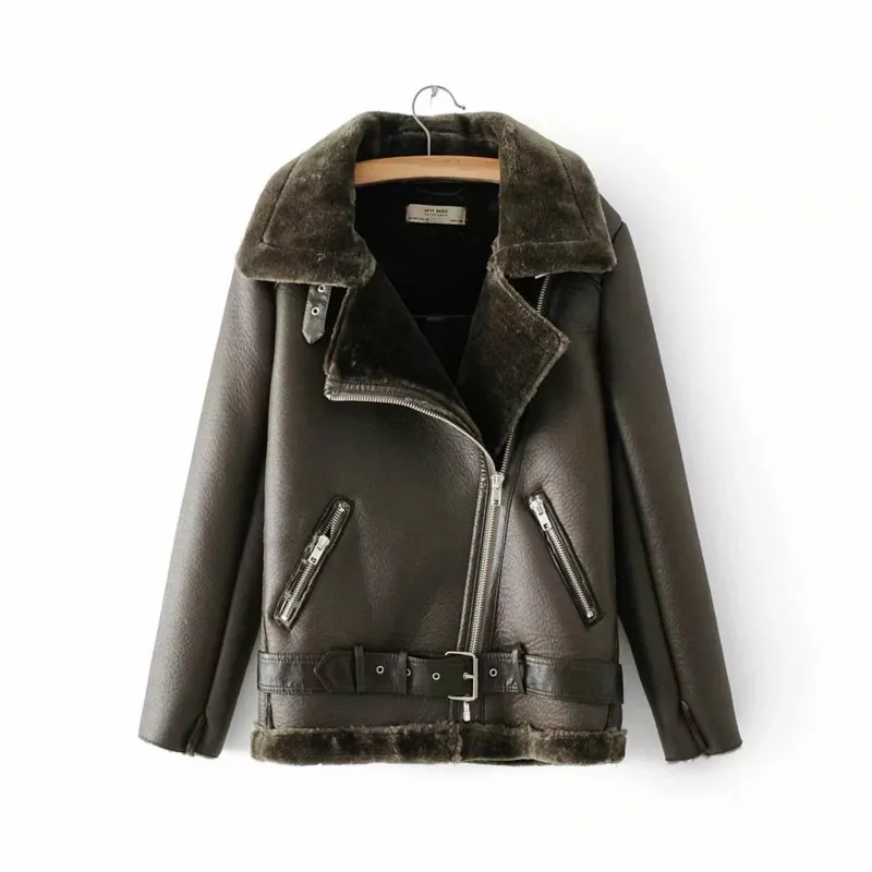 Женская зимняя теплая кожаная куртка из искусственной овечьей шерсти, пальто из искусственной кожи, шерсть ягнят мех, воротник, мотоциклетная Черная куртка, куртка-бомбер, пальто