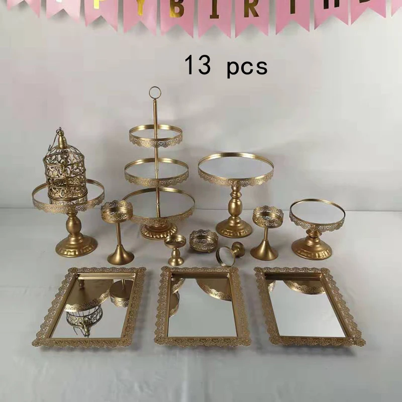 mirror 13pcs 2-16 шт Золотой металлический зеркальный стенд для торта, набор для свадебной вечеринки, стенд для кексов, инструменты, Фондант, дисплей для торта, набор для вечерние формы для выпечки - Цвет: mirror 13pcs