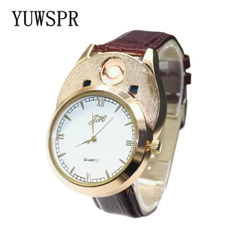 

men Cigarette Lighter watches USB rechargeable fashion quartz watch Windproof Flameless Lighter male gift wristwatch JH313