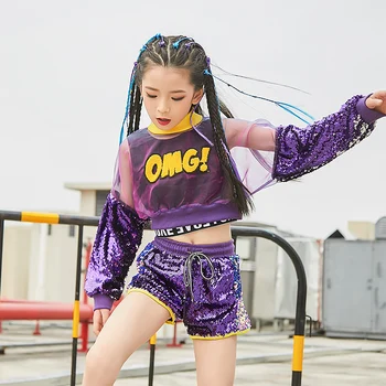 

Child Clothes Girls Jazz Dance Costume Dance Children Hip-hop Hip-hop Suits Umbilical Sequins Drums Cymbals Costumes