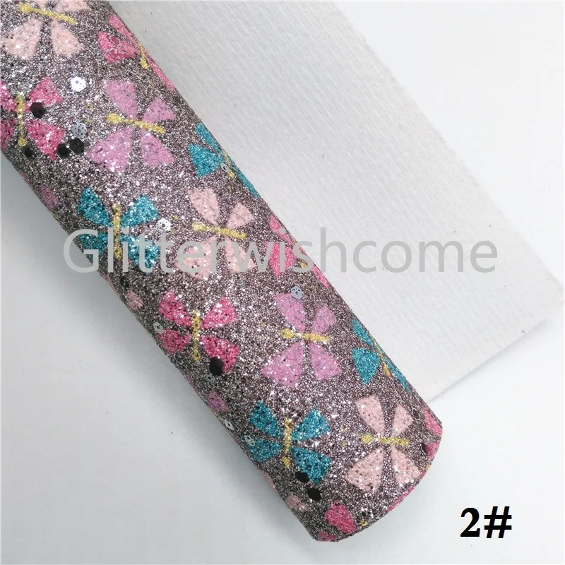 Glitterwishcome 21X29CM A4 Size Butterfly Printed Glitter Fabric Leather, Faux PU Leather fabric Vinyl for Bows, GM602A