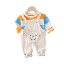 T Shirt et salopette en coton pour bébé fille, vêtements à la mode, tenue de printemps et d'automne, 2 pièces/ensemble, Costume de dessin animé pour enfant en bas âge