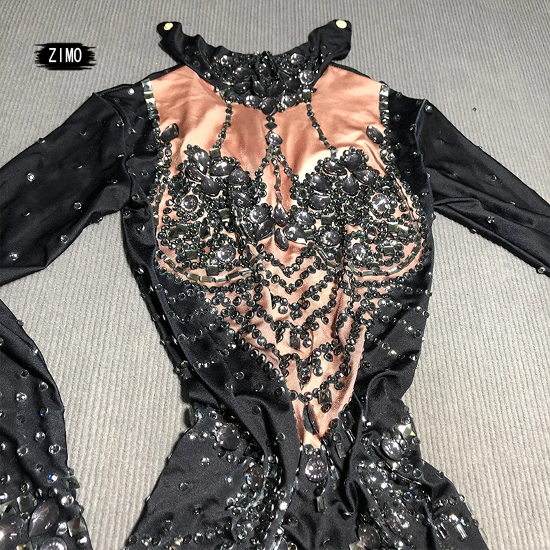 Black Rhinestones Jumpsuit Women sexy Birthday Dance Party Prom Nightclub Singer Show Stage Rompers designer clothes drag queen