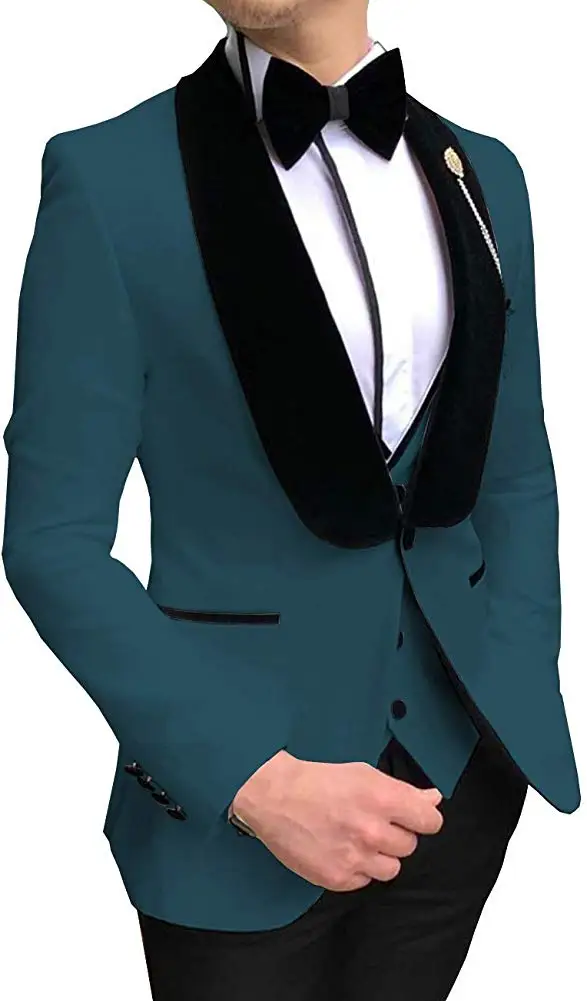 Teal Модные Для Мужчин's Костюмы комплект из 3 предметов Slim Fit Выходные туфли на выпускной смокинги Бархат Шаль лацкан свадебные, для жениха; Блейзер, жилет, брюки - Цвет: Teal