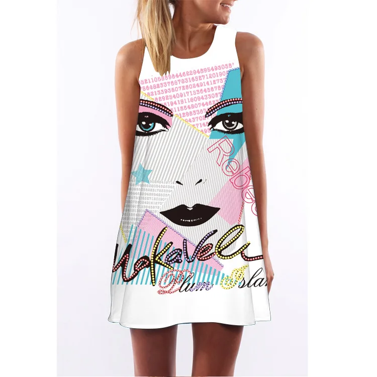 

2018 Ozhouzhan Europe And America New Style Retro Digital Printing Crew Neck Hot Selling off-Shoulder Medium-length Vest Dress