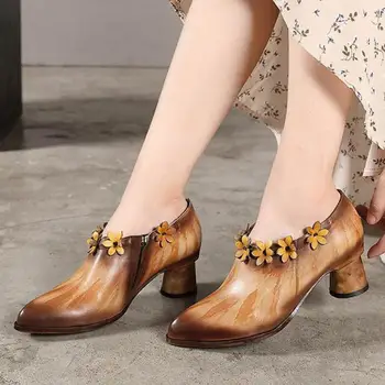 

Johnature High Heels Retro 2020 New Autumn Pumps Women Shoes Genuine Leather Pointed Toe Flower Casual Handmade Ladies Shoes