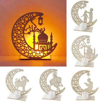 

Eid Mubarak decorations wooden plaque moon party exquisite atmosphere LED candle lights