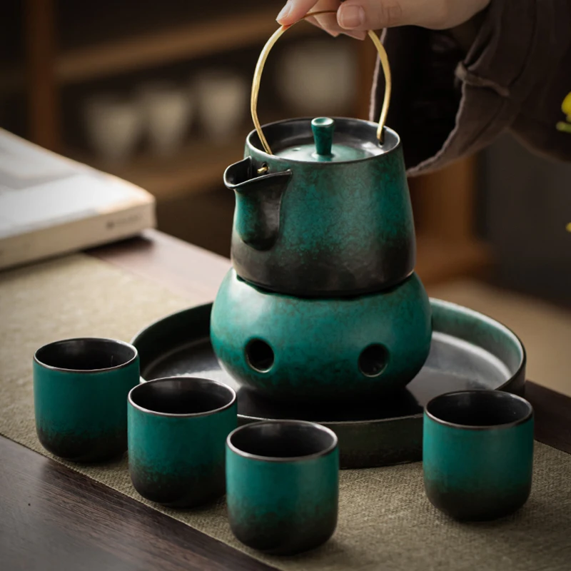

Brand New Retro Can be Heating Green glaze Kung Fu tea Set Japanese Creative Simple Teapot,Teacup,Fair Cup