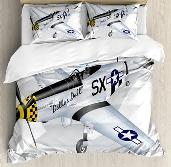

Vintage Airplane Duvet Cover Set P-51 Dallas Doll Detailed Illustration American Air Force Classic Plane Bedding Set Multicolor