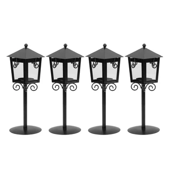 

4 Pieces Tabletop Iron Candle Holder Rustic Street Lamp Shape Black Home Decor Wedding Party Candlestick Lantern Centerpiece