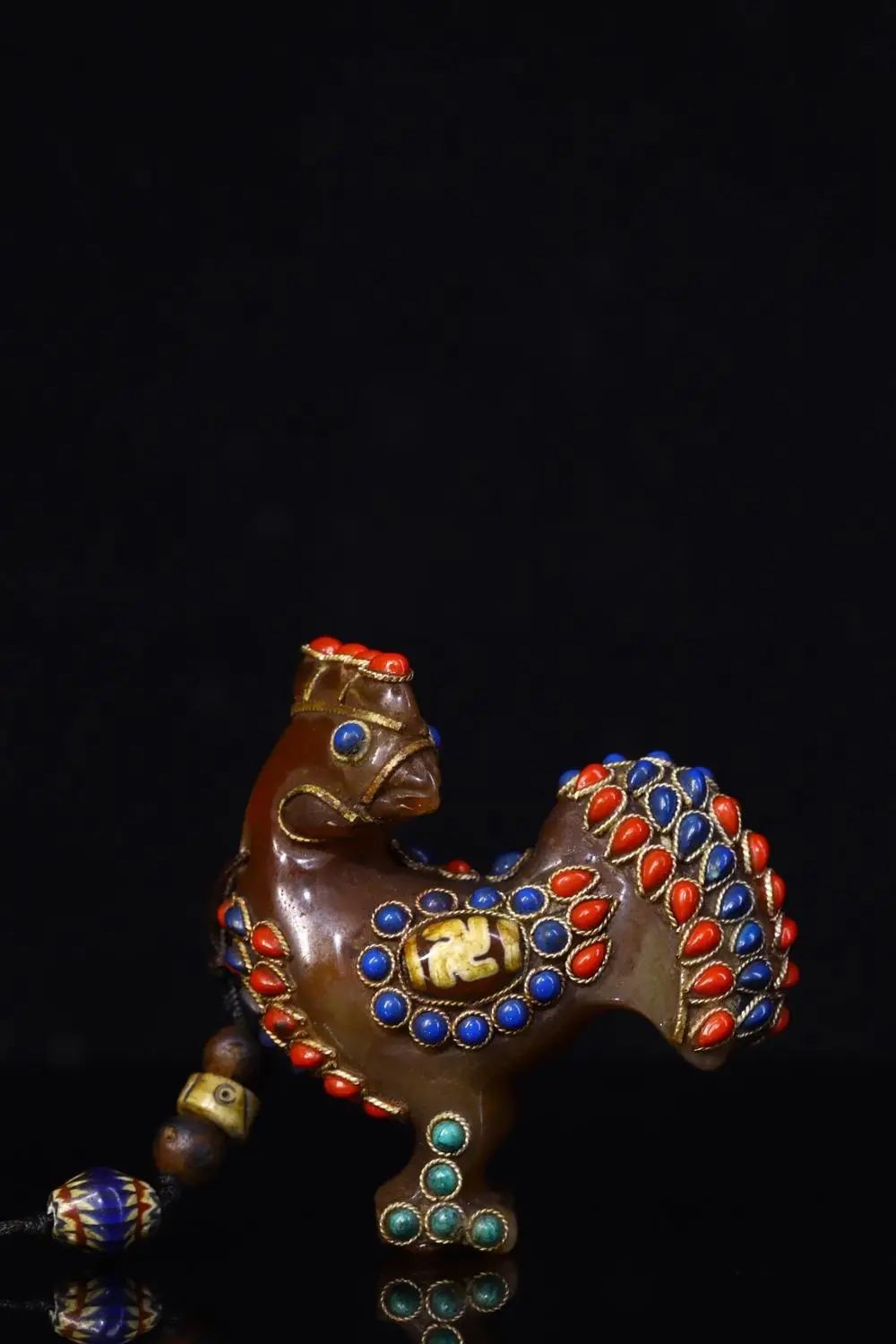 

3" China Antiques Natural agate mosaic Gem Dzi Bead Chinese Zodiac Rooster Statue Golden Rooster Independent Handle Pendant