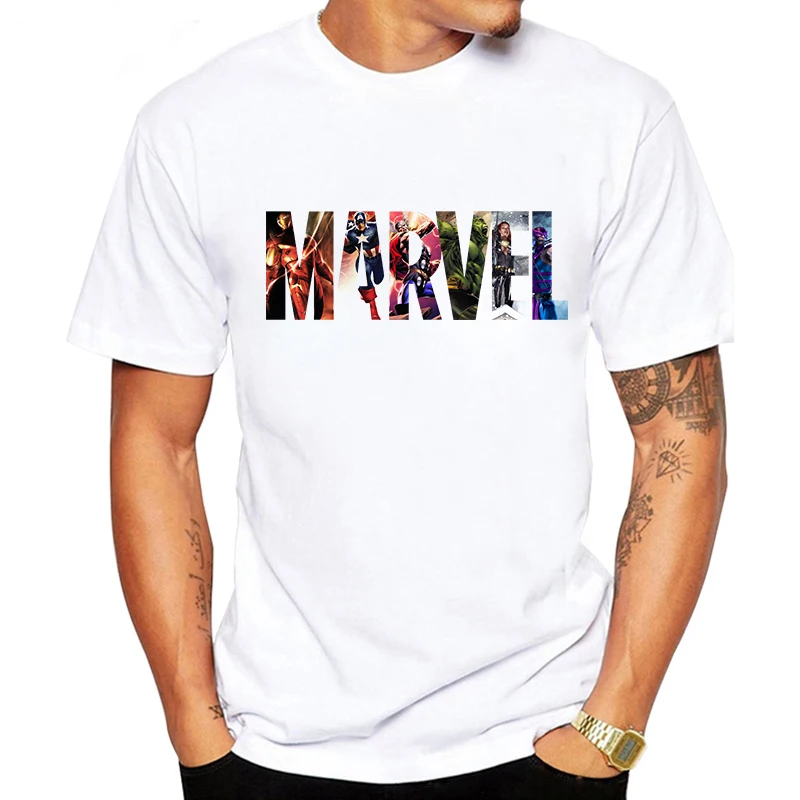 LUSLOS/Новинка, футболка с принтом Marvel, Мужская футболка с коротким рукавом, мужские топы для мальчиков, футболки, повседневная футболка с круглым вырезом, белая, черная, уличная - Цвет: XMT0331-white