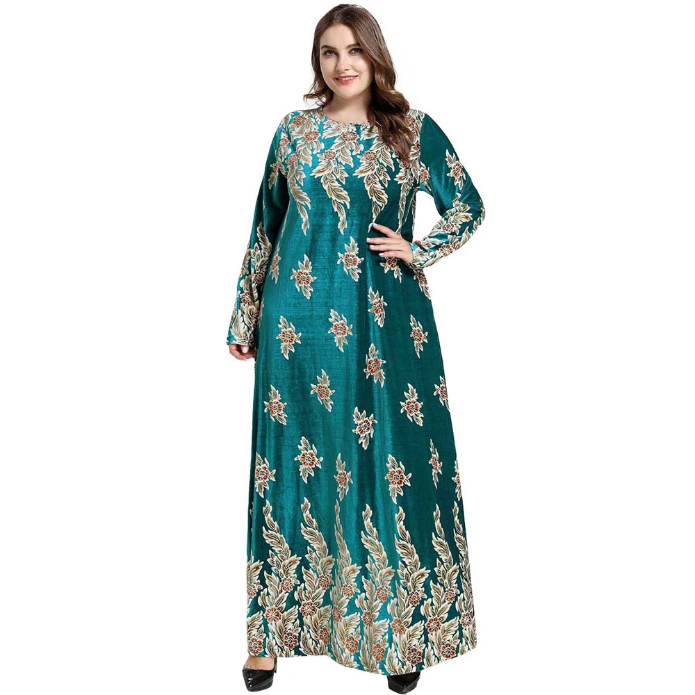 Plus Size Women Winter Maxi Long Dresses Velvet Elegant Gold Stamping Floral Printed Muslim Dress Abaya Robe 2020 M - 4XL | Тематическая