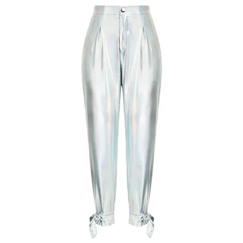 

KK Women Shiny Metallic-Like Pants Ankle Length High Waist Skinny Leg Openings Elastic Waist And Ankle Straps And Feet Trousers