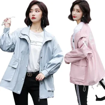 

Spring Loose Coat Women Stand Lead White Windbreaker Trench Jacket Female Flower Print Plus Size Outwear Elegant Parka New